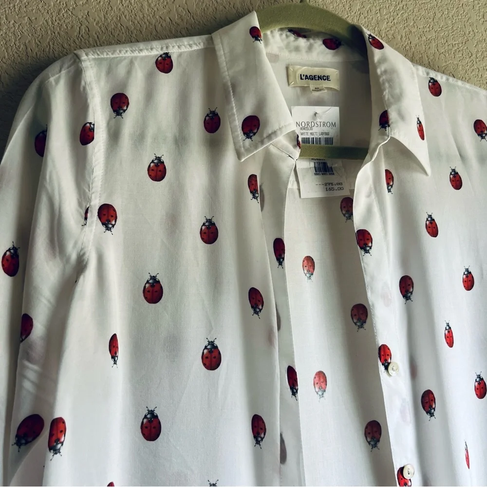 NWT L'Agence White Camille Ladybug Print Button-Up Shirt Size S - Picture 4 of 16